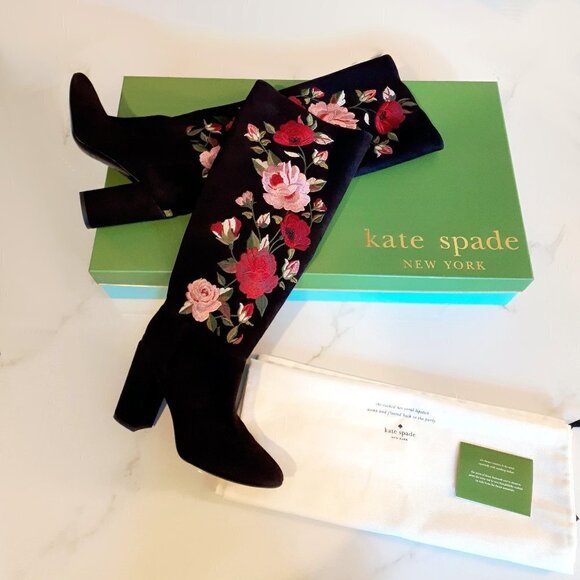 NWT / NIB Kate Spade black suede floral embroidered long boots, 6.5 - Picture 7 of 16